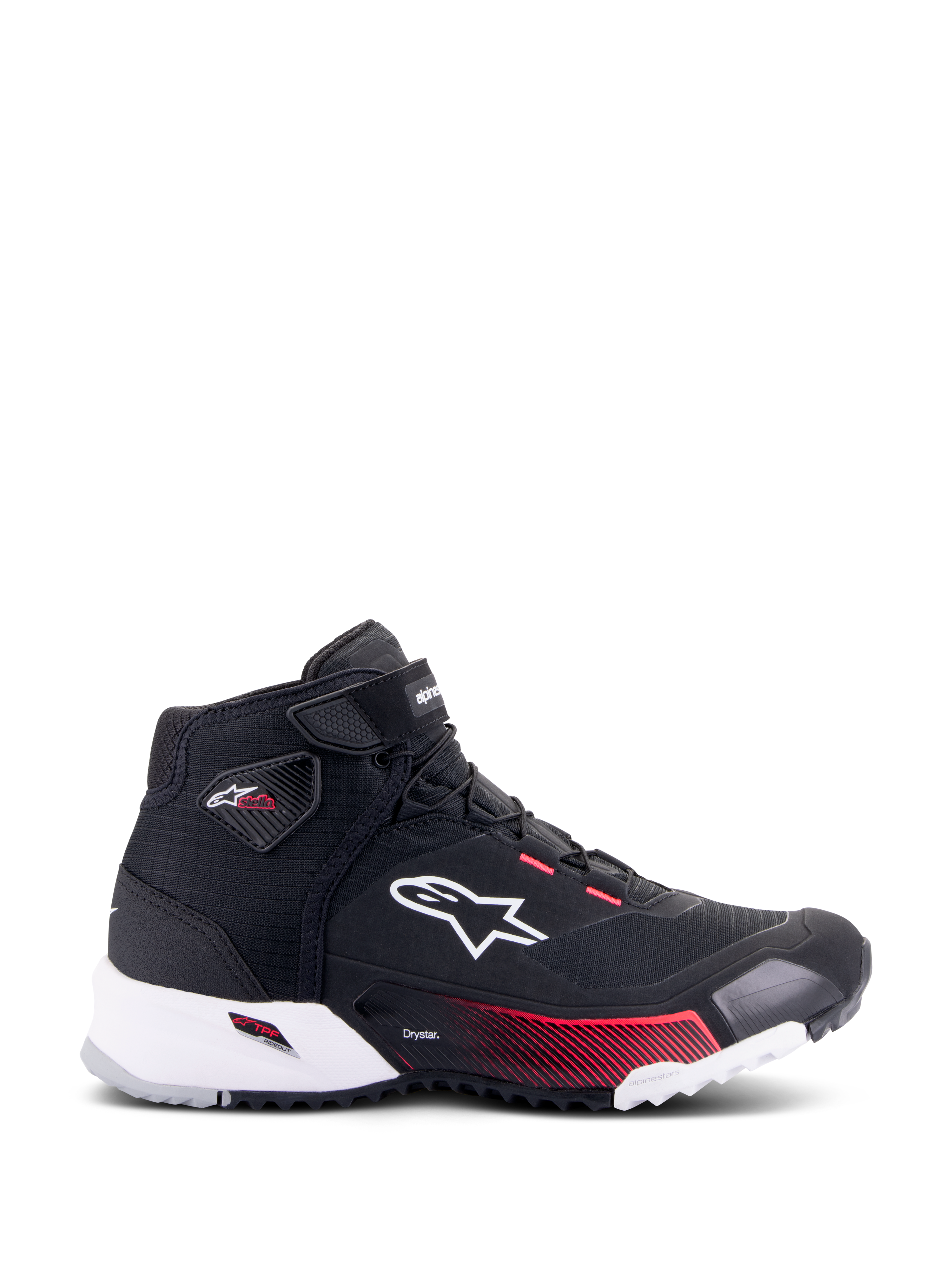 Chaussure de moto Alpinestars CR-X Drystar® pour femme, noir, blanc et rose Diva, vue de profil montrant le logo Alpinestars blanc, des accents en dégradé rose sur la semelle intermédiaire et le logo Stella sur la cheville, design imperméable élégant de style sneaker.