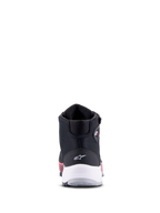 Chaussures de moto Alpinestars CR-X Women's Drystar, noir, blanc et rose Diva, vue arrière avec support de talon blanc et logo étoile, chaussures de moto techniques avec accents roses sur la semelle