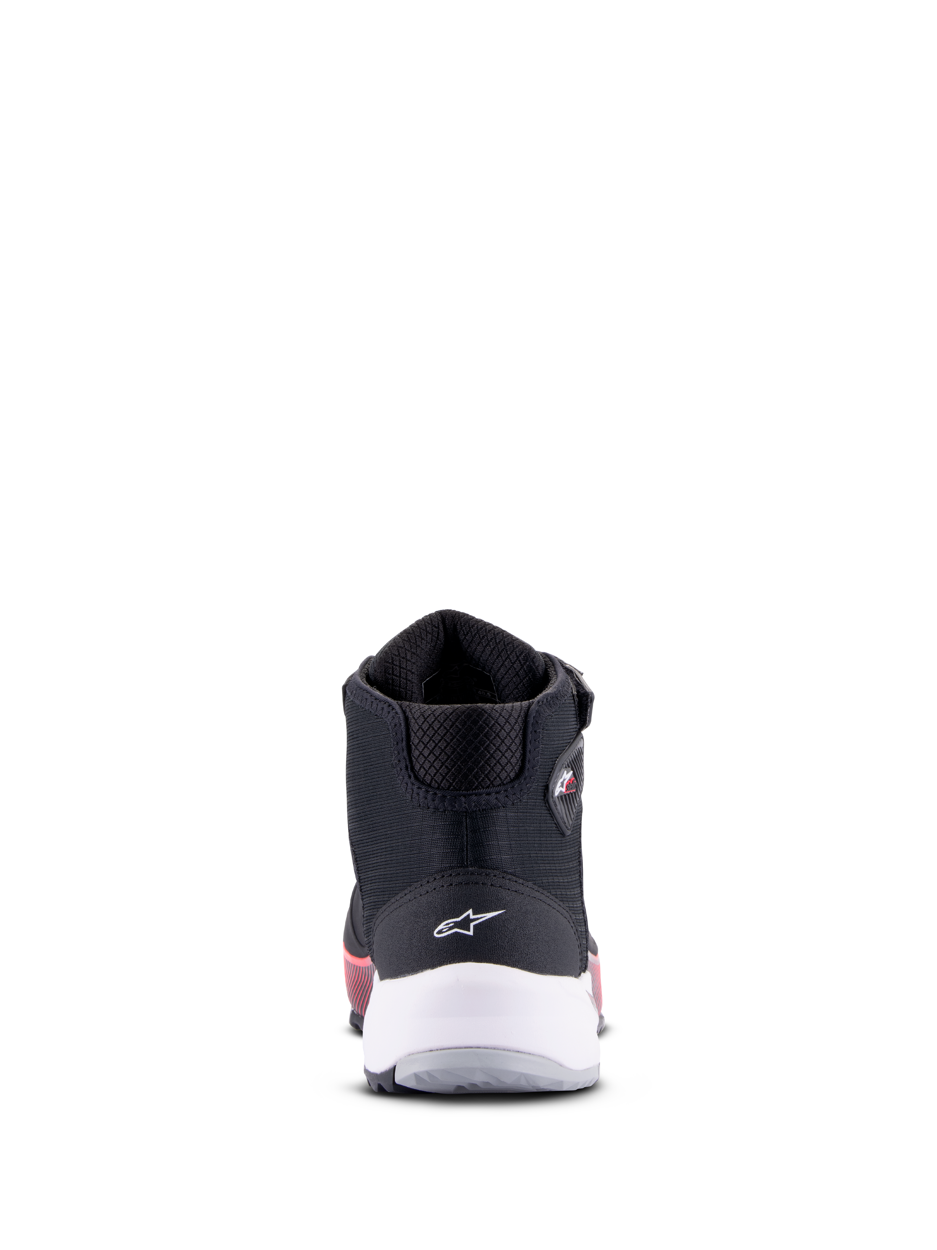 Chaussures de moto Alpinestars CR-X Women's Drystar, noir, blanc et rose Diva, vue arrière avec support de talon blanc et logo étoile, chaussures de moto techniques avec accents roses sur la semelle