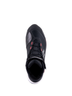 Chaussures de moto Alpinestars CR-X Drystar pour femme, noir, blanc et rose diva, vue de dessus présentant une tige technique en ripstop, des accents roses sur les œillets des lacets et le logo Alpinestars sur la sangle de cheville et sur le côté.