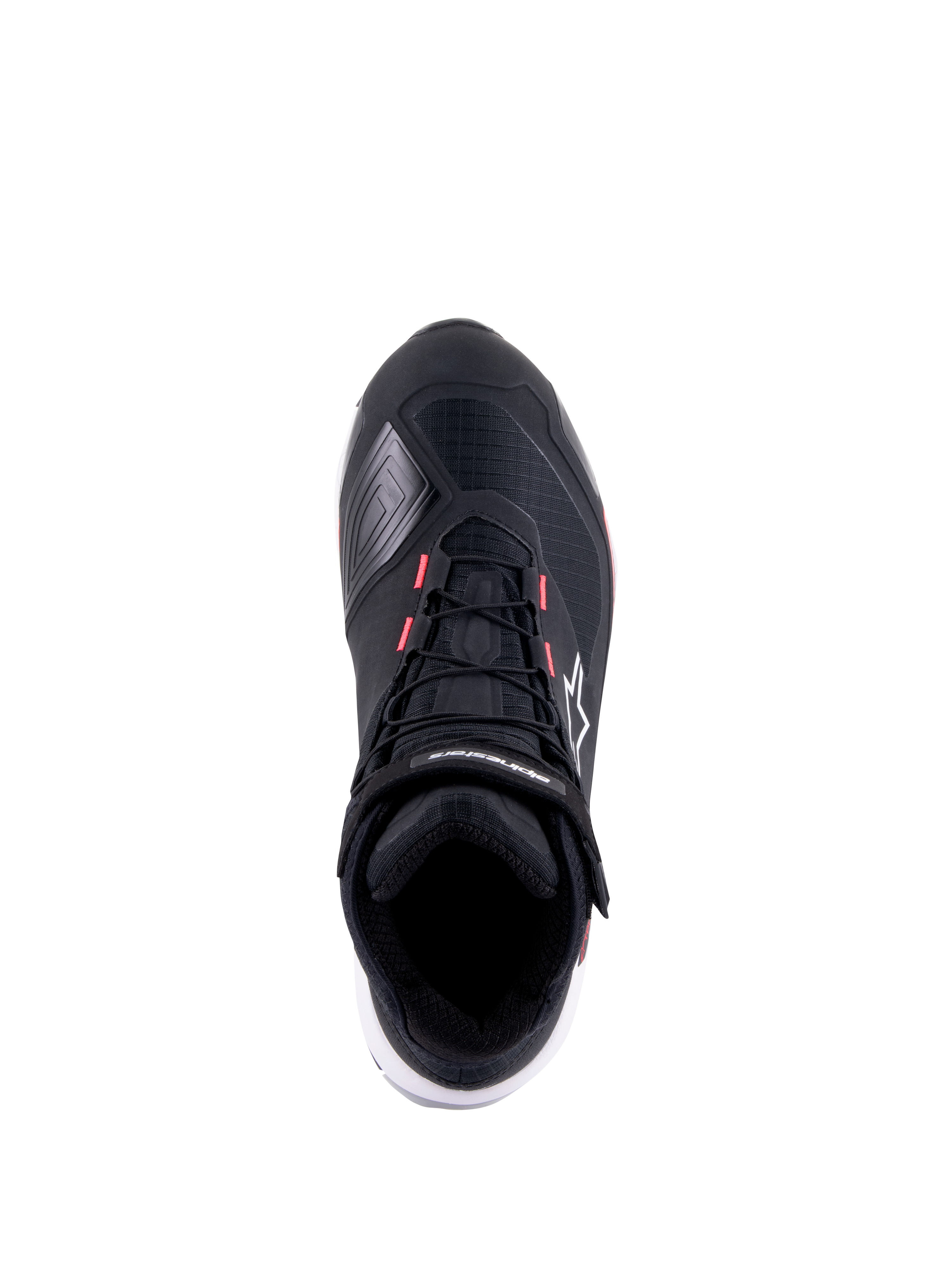 Chaussures de moto Alpinestars CR-X Drystar pour femme, noir, blanc et rose diva, vue de dessus présentant une tige technique en ripstop, des accents roses sur les œillets des lacets et le logo Alpinestars sur la sangle de cheville et sur le côté.