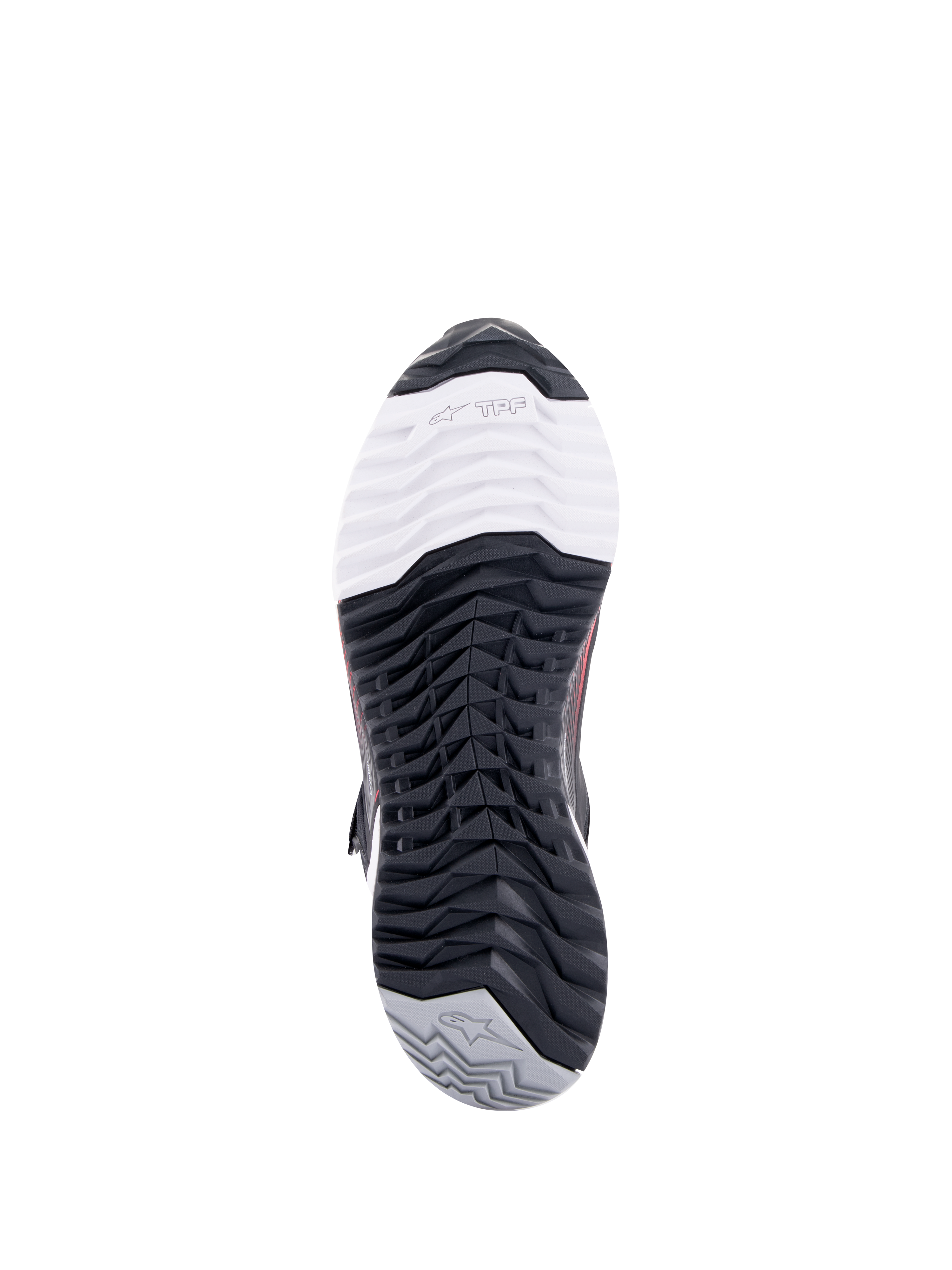 Chaussures de moto Alpinestars CR-X Drystar® pour femme, vue de dessous de la semelle extérieure, avec le marquage TPF Transversal Protection Frame sur la pointe blanche, un motif de semelle multidirectionnel noir et un talon gris avec logo étoilé.