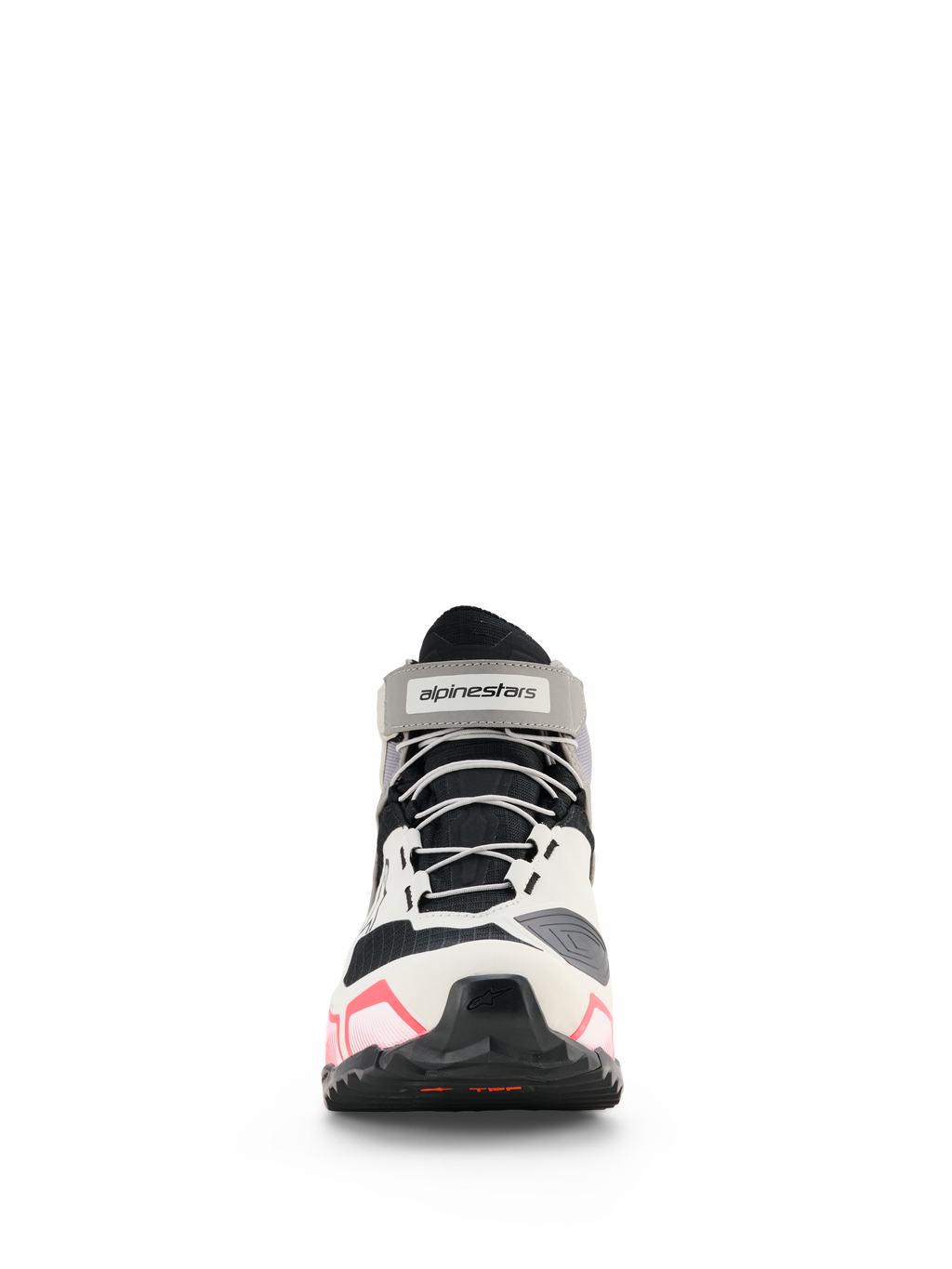 Alpinestars CR-X Damen Drystar® Motorradschuhe, Damen-Motorradschuhe, Weiß, Mittelgrau, Schwarz und Diva Pink, Vorderansicht mit grauen Schnürsenkeln und Marken-Knöchelriemen, sportliches Design mit pinkfarbenen Akzenten an der Sohle, wasserdichtes Motorradschuhwerk
