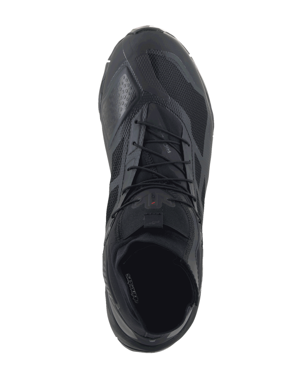 Alpinestars CR-1 Shoes, Motorcycle Riding Shoes, Black and Dark Gray, top-down view featuring breathable 3D mesh and microfiber construction, lacing system, designed for warm weather road and sport riding