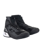 Alpinestars CR-1 Shoes, High-Top Motorcycle Riding Shoes, Black and White, featuring 3D mesh and synthetic panels, white Alpinestars star logo on heel, textured outsole for grip, urban and sport riding footwear