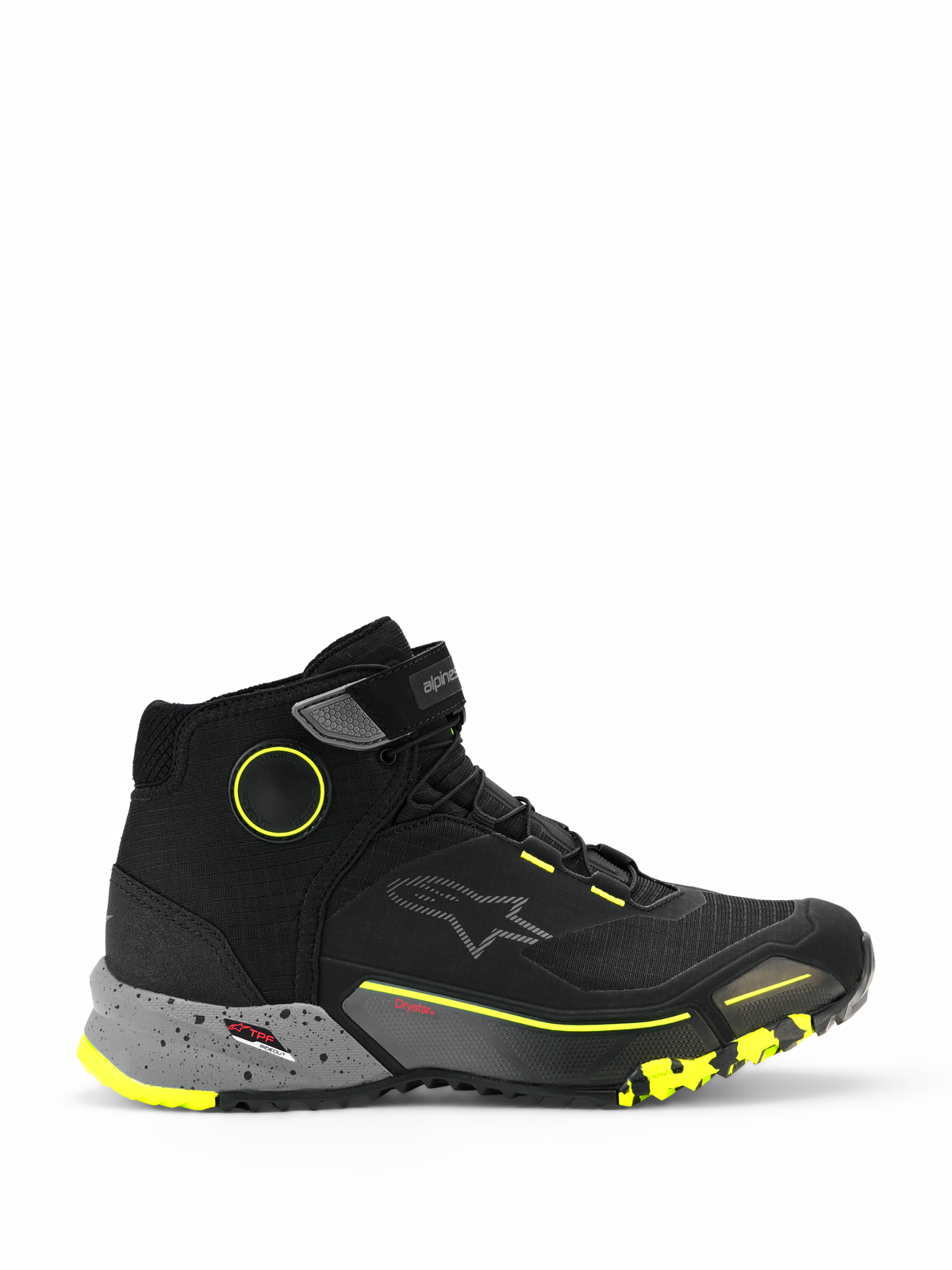 Alpinestars CR-X Drystar Riding Shoes, high-top motorcycle urban sneakers, black with dark gray speckled midsole and yellow fluo accents, waterproof Drystar membrane, rugged textured sole, protective casual riding footwear