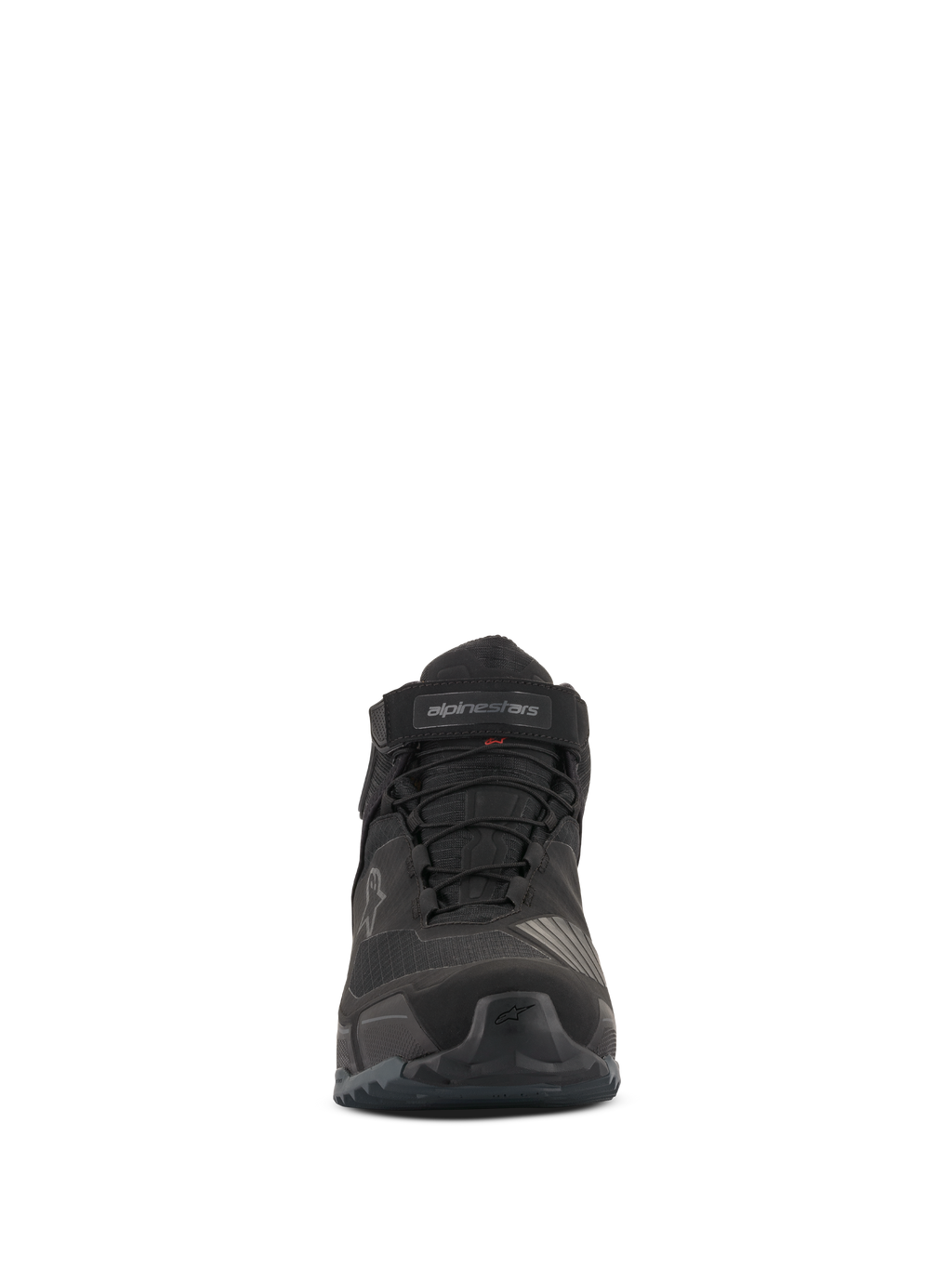 Alpinestars CR-X Drystar® Riding Shoes, Front View, All Black, waterproof motorcycle footwear with laces and velcro ankle strap, athletic running shoe-inspired design