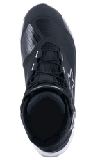 Alpinestars CR-X Drystar® Riding Shoes, top-down view, Black and White, featuring lace-up closure with a hook-and-loop ankle strap, textured gear shift reinforcement on the toe, and a white star logo on the side, durable and waterproof motorcycle footwear