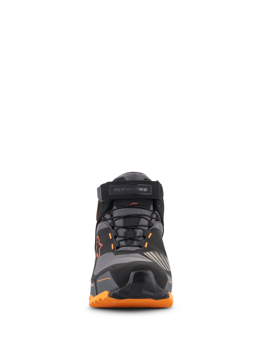Chaussures de moto Alpinestars CR-X Drystar®, vue de face, noir, marron clair et orange, avec système de laçage sécurisé et sangle à la cheville, embout protecteur et semelle orange robuste, chaussures de moto urbaines imperméables