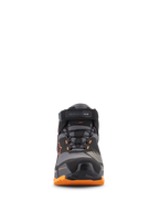 Chaussures de moto Alpinestars CR-X Drystar®, vue de face, noir, marron clair et orange, avec système de laçage sécurisé et sangle à la cheville, embout protecteur et semelle orange robuste, chaussures de moto urbaines imperméables
