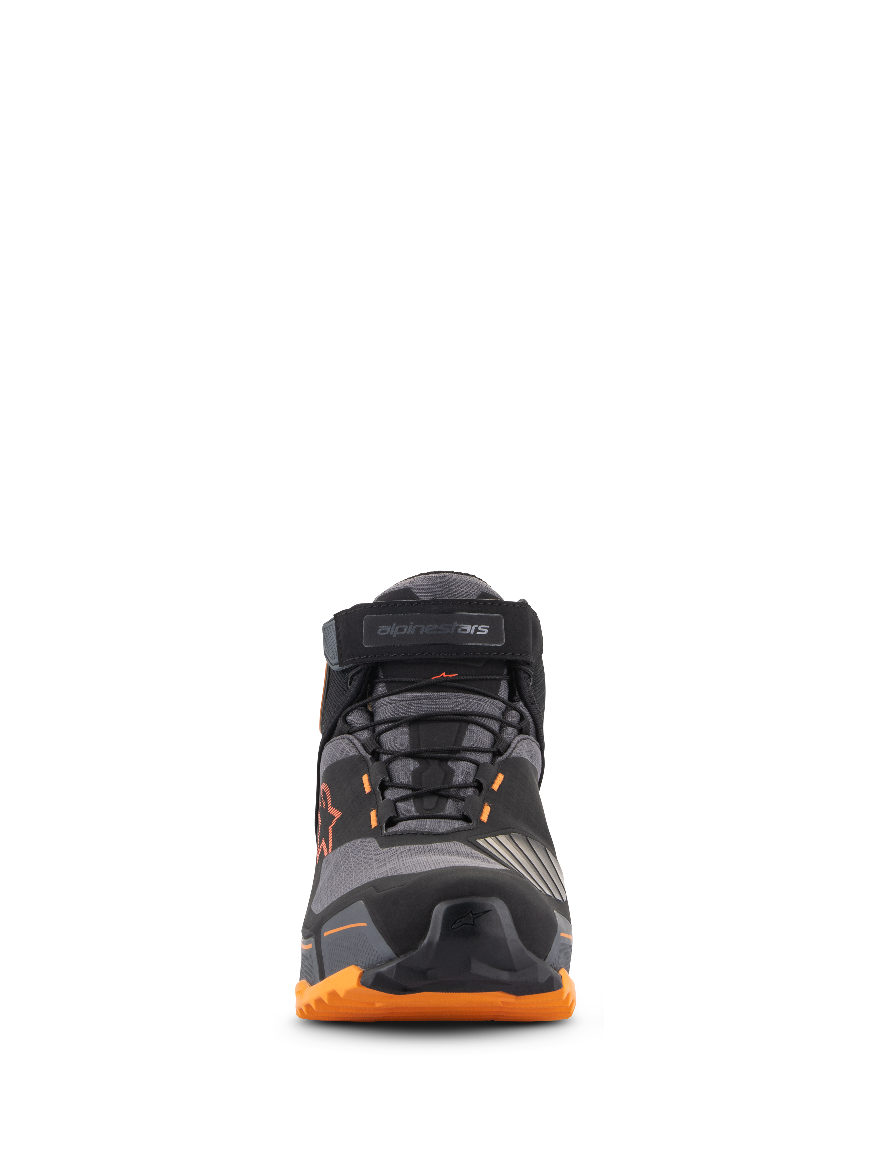 Chaussures de moto Alpinestars CR-X Drystar®, vue de face, noir, marron clair et orange, avec système de laçage sécurisé et sangle à la cheville, embout protecteur et semelle orange robuste, chaussures de moto urbaines imperméables