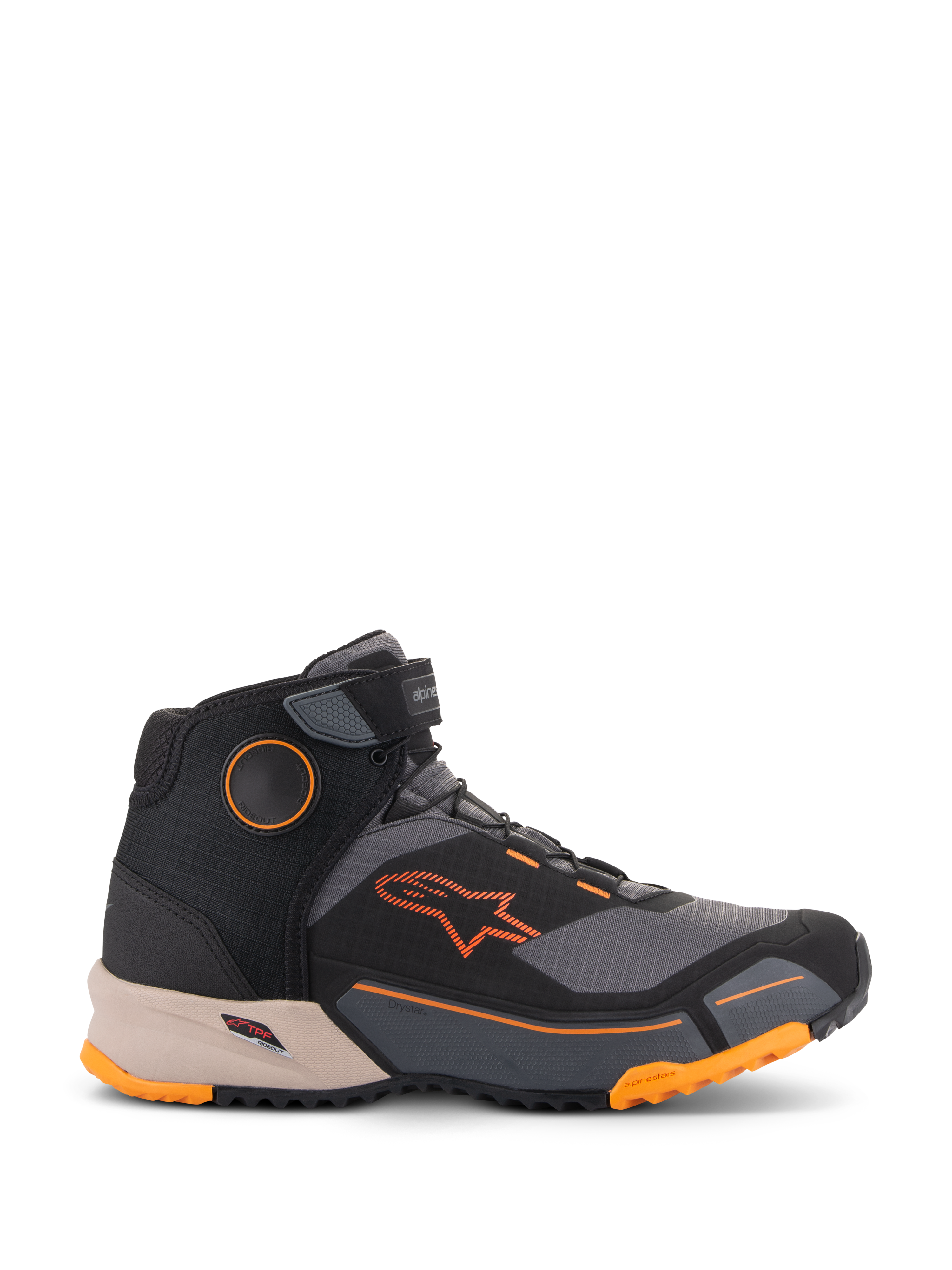 Alpinestars CR-X Drystar® Riding Shoes, Urban-Motorradschuhe, Schwarz, Grau und Orange mit hellbrauner Zwischensohle, knöchelhohes Design mit Klettverschluss am Knöchel, leuchtend orangefarbenes Branding und robuste Sohle mit orangefarbenen Akzenten