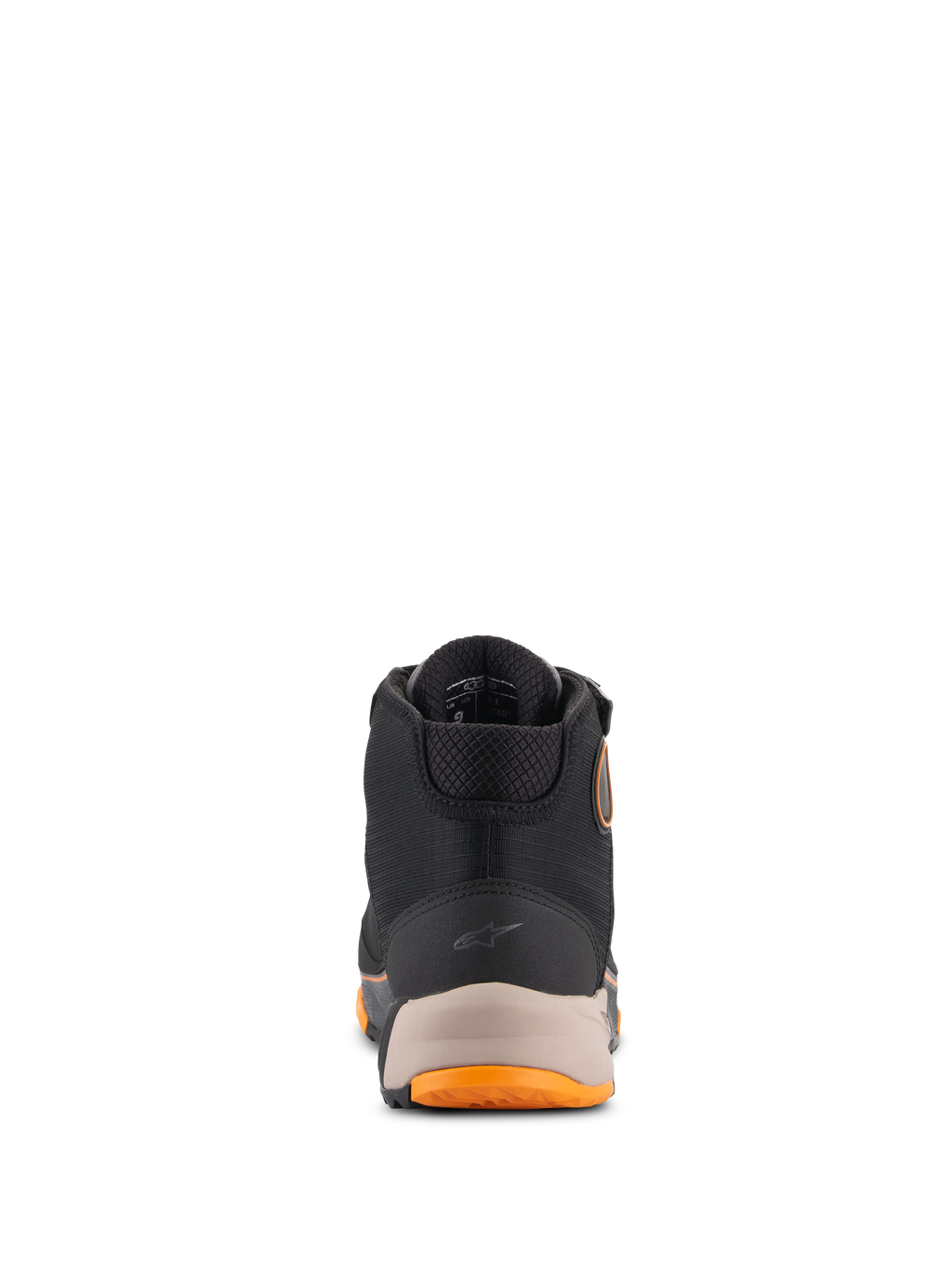 Chaussures Alpinestars CR-X Drystar®, chaussures de moto, noir, marron clair et orange, vue arrière présentant le talon renforcé avec un petit logo Alpinestars, le col rembourré et les détails orange sur la semelle, chaussures de conduite imperméables.