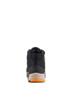 Chaussures Alpinestars CR-X Drystar®, chaussures de moto, noir, marron clair et orange, vue arrière présentant le talon renforcé avec un petit logo Alpinestars, le col rembourré et les détails orange sur la semelle, chaussures de conduite imperméables.