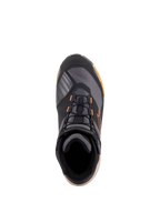 Chaussures de moto Alpinestars CR-X Drystar®, vue de dessus, coloris Noir Marron Clair Orange, chaussures de moto de style athlétique avec lacets noirs, accents orange et semelle marron clair, équipement de protection imperméable pour la conduite sur route et urbaine.
