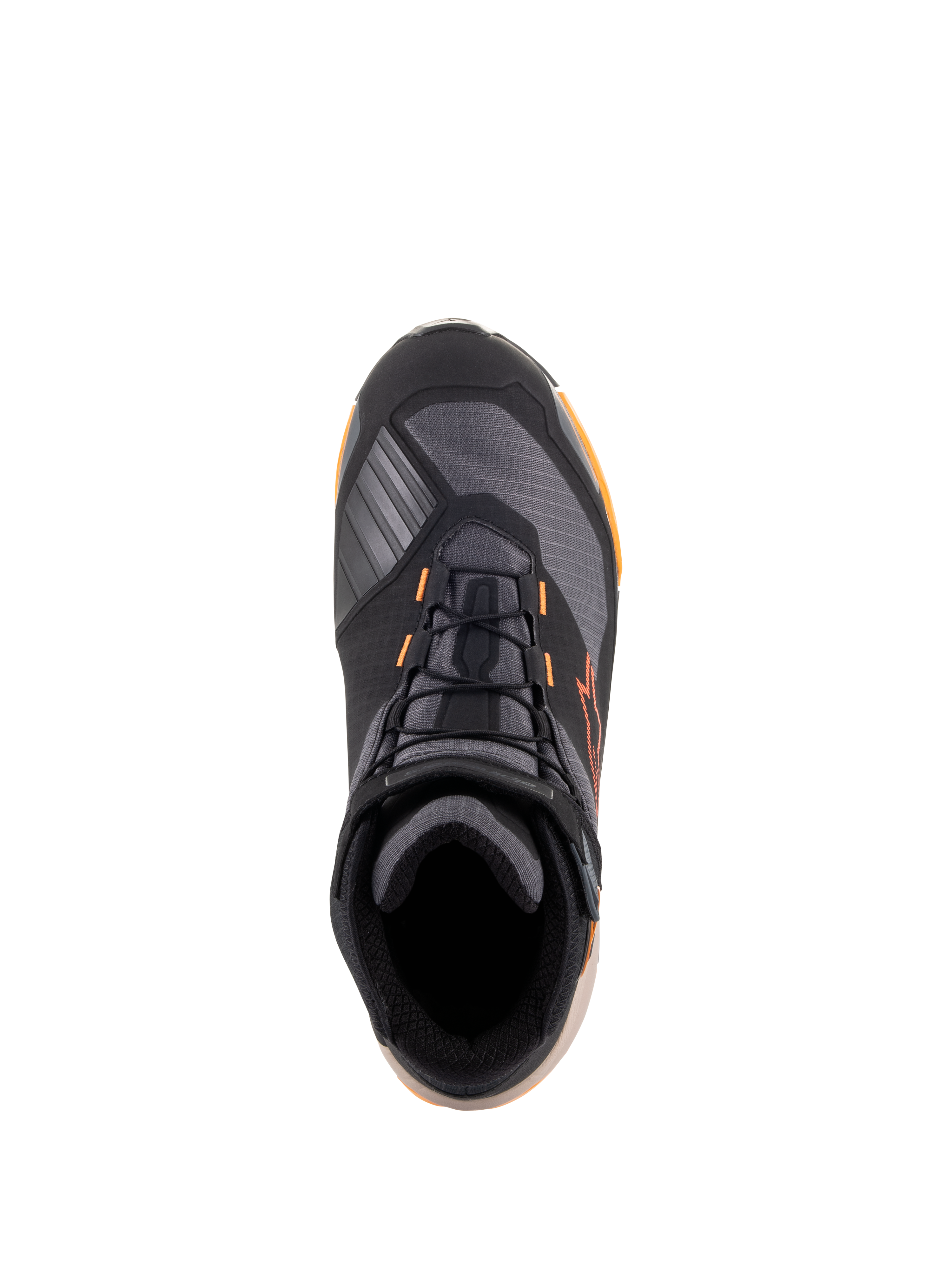 Chaussures de moto Alpinestars CR-X Drystar®, vue de dessus, coloris Noir Marron Clair Orange, chaussures de moto de style athlétique avec lacets noirs, accents orange et semelle marron clair, équipement de protection imperméable pour la conduite sur route et urbaine.