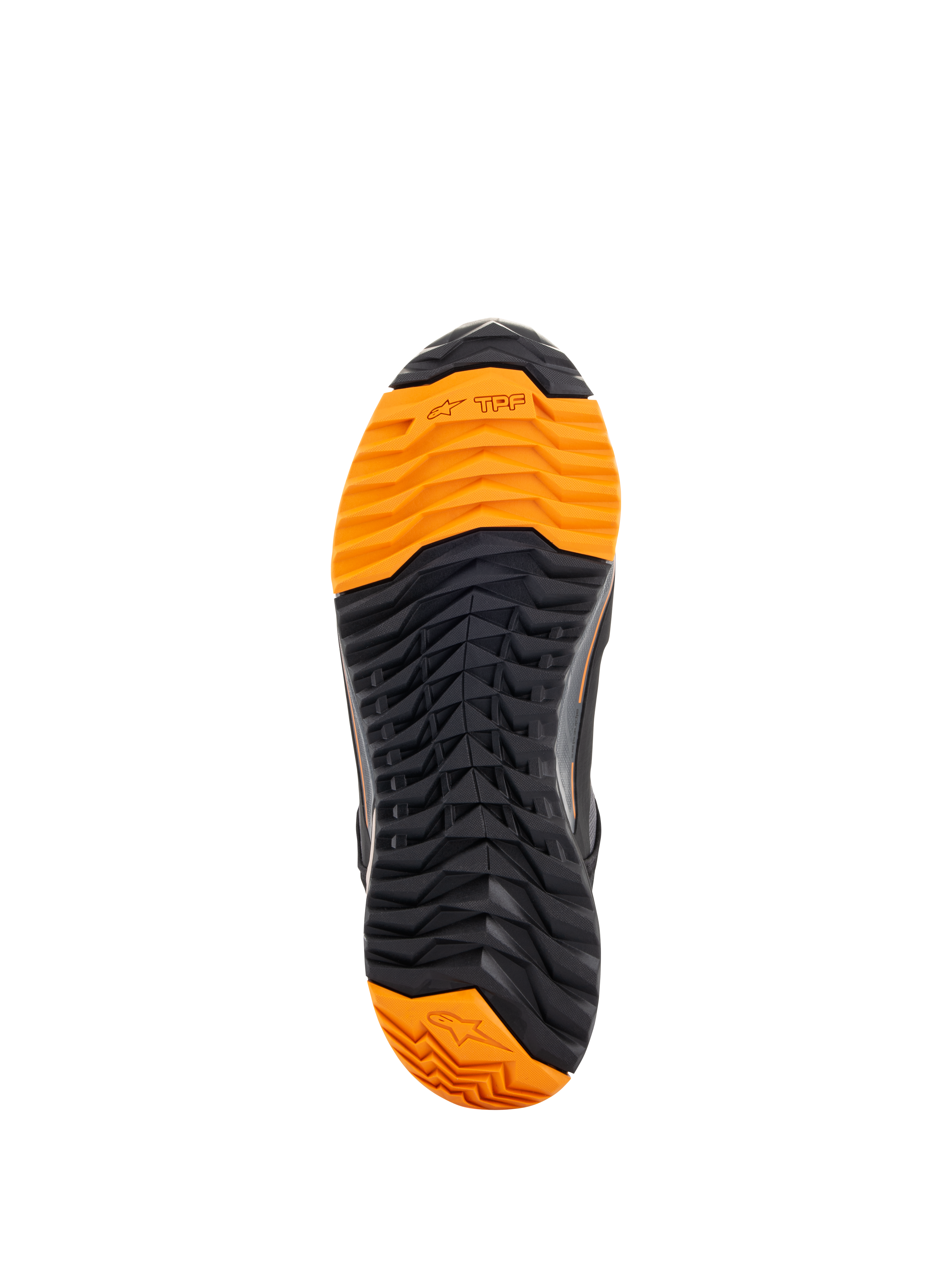 Chaussures de moto Alpinestars CR-X Drystar®, vue de dessous de la semelle, surface d'usure noire et orange vif, profil à crampons agressif pour l'adhérence, avec logos TPF et étoile Alpinestars, conçues pour la conduite à moto et le confort de marche
