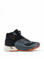 Alpinestars CR-X Drystar Riding Shoes, Motorcycle Riding Shoes, Black Dark Gray and Rust, featuring a high-top design with Velcro ankle strap, waterproof Drystar membrane, white midsole, and bright orange rugged outsole