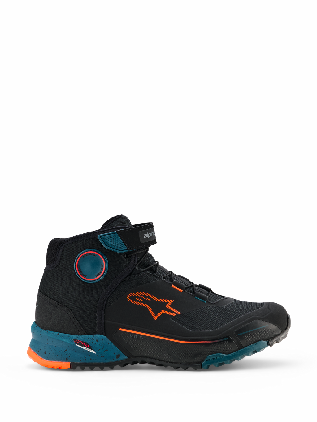 Alpinestars CR-X Drystar, chaussures de moto urbaines, noir pétrole et orange fluo, design style baskets montantes, logo Alpinestars orange, semelle intermédiaire mouchetée bleu pétrole, construction imperméable robuste