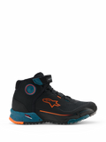 Alpinestars CR-X Drystar, chaussures de moto urbaines, noir pétrole et orange fluo, design style baskets montantes, logo Alpinestars orange, semelle intermédiaire mouchetée bleu pétrole, construction imperméable robuste