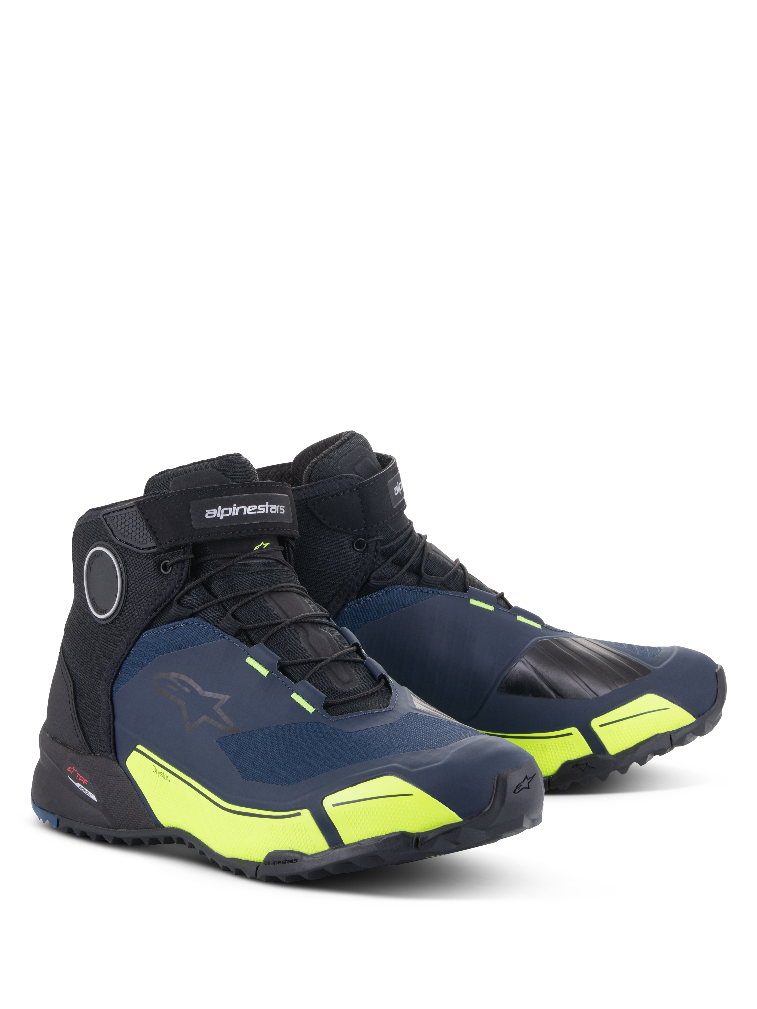 Alpinestars CR-X Drystar® Riding Shoes, Black Dark Blue and Yellow Fluo, waterproof motorcycle shoes with a running shoe silhouette, mid-cut design featuring athletic styling and bright fluorescent yellow accents.