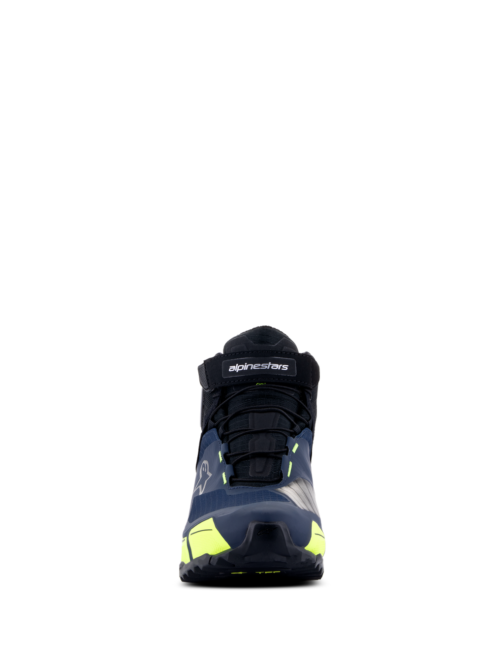 Alpinestars CR-X Drystar® Riding Shoes, Motorcycle Riding Shoes, Black Dark Blue and Yellow Fluo, front view, featuring a velcro strap with alpinestars branding, black laces, and vibrant yellow accents, athletic-inspired design for all-day comfort.