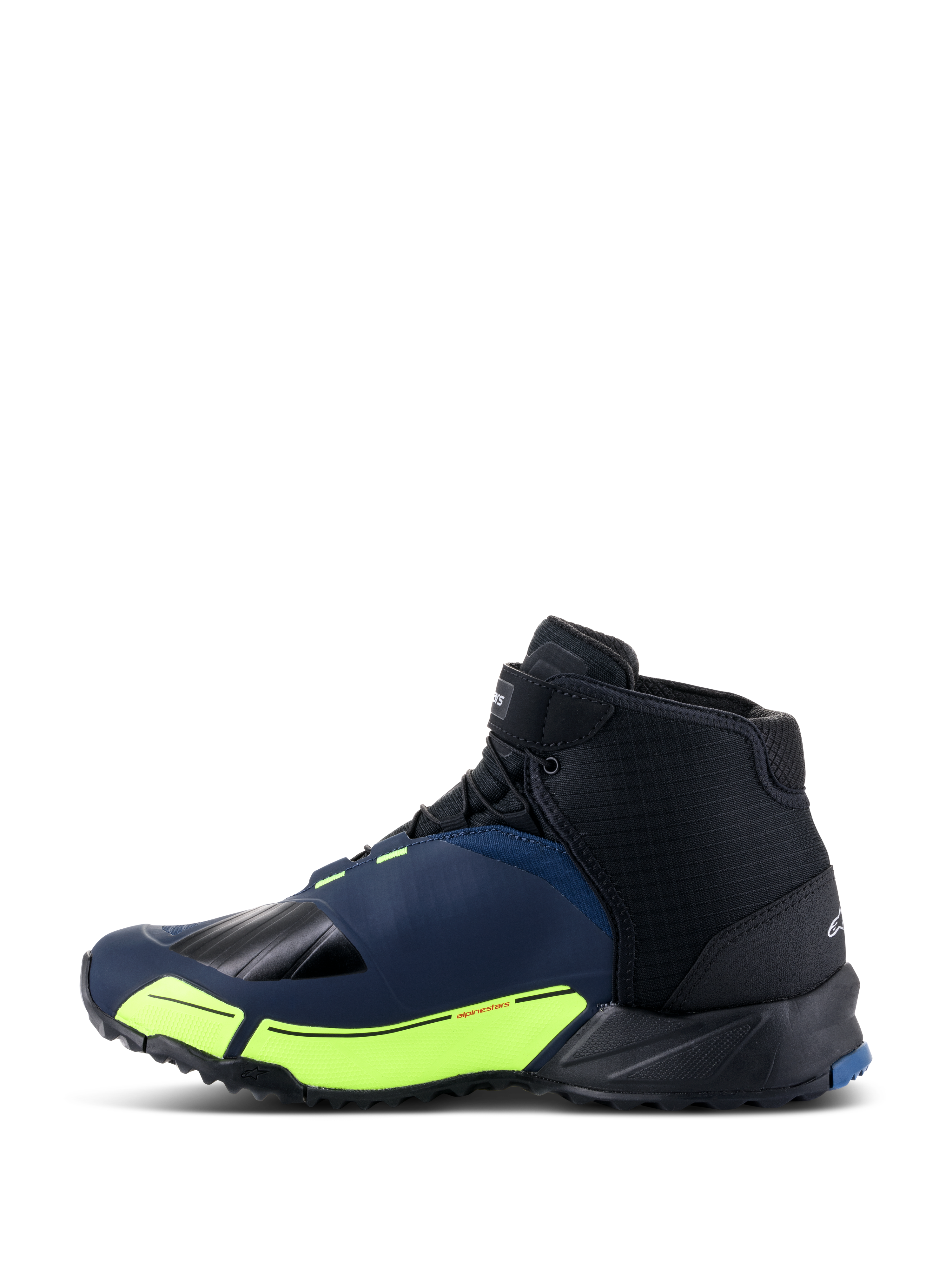 Alpinestars CR-X Drystar® Riding Shoes, Motorcycle Riding Shoes, Black Dark Blue and Yellow Fluo, side profile featuring a running shoe silhouette, waterproof Drystar membrane, fluorescent yellow midsole accents, and reinforced toe and heel for protection.
