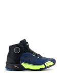 Alpinestars CR-X Drystar® Riding Shoes, Motorcycle Riding Shoes, Black Dark Blue and Yellow Fluo, athletic design featuring black laces and velcro top strap, bright yellow accents on the midsole with Drystar branding, Alpinestars star logo on the side, technical footwear for urban riding