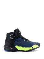 Alpinestars CR-X Drystar® Riding Shoes, Black Dark Blue and Yellow Fluo, athletic-inspired motorcycle footwear, featuring fluorescent yellow accents and dark blue panels, waterproof design with a running shoe silhouette for all-day comfort.