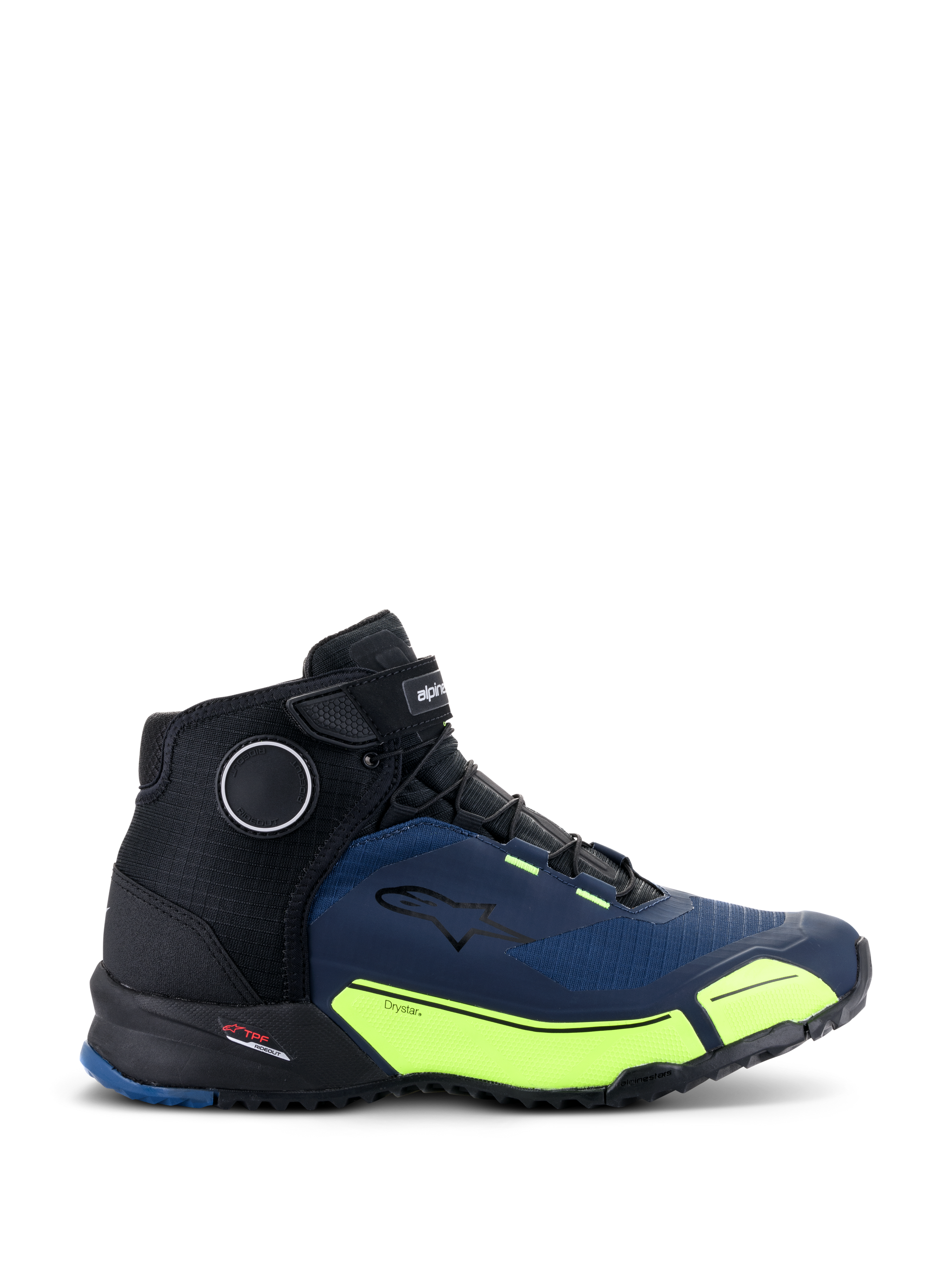 Alpinestars CR-X Drystar® Riding Shoes, Black Dark Blue and Yellow Fluo, athletic-inspired motorcycle footwear, featuring fluorescent yellow accents and dark blue panels, waterproof design with a running shoe silhouette for all-day comfort.