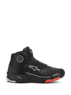 Alpinestars CR-X Drystar Riding Shoes, waterproof motorcycle footwear in Black Camo Red, side profile view featuring a textured camo-patterned upper, white Alpinestars logo, ankle strap, and a black ridged sole with red accents at the toe.