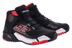 Alpinestars MM93 CR-X Drystar® motorrijschoenen, motorfietsschoenen, zwart, rood en wit, voorzien van Marc Marquez 93-graphics, sportief atletisch ontwerp met waterdichte Drystar-branding, beschermende schakelzone en robuuste zool.