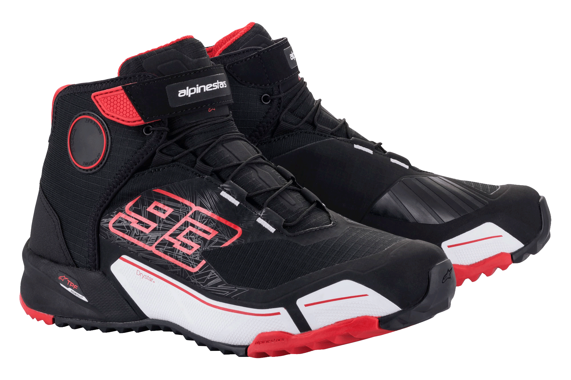 Alpinestars MM93 CR-X Drystar® motorrijschoenen, motorfietsschoenen, zwart, rood en wit, voorzien van Marc Marquez 93-graphics, sportief atletisch ontwerp met waterdichte Drystar-branding, beschermende schakelzone en robuuste zool.