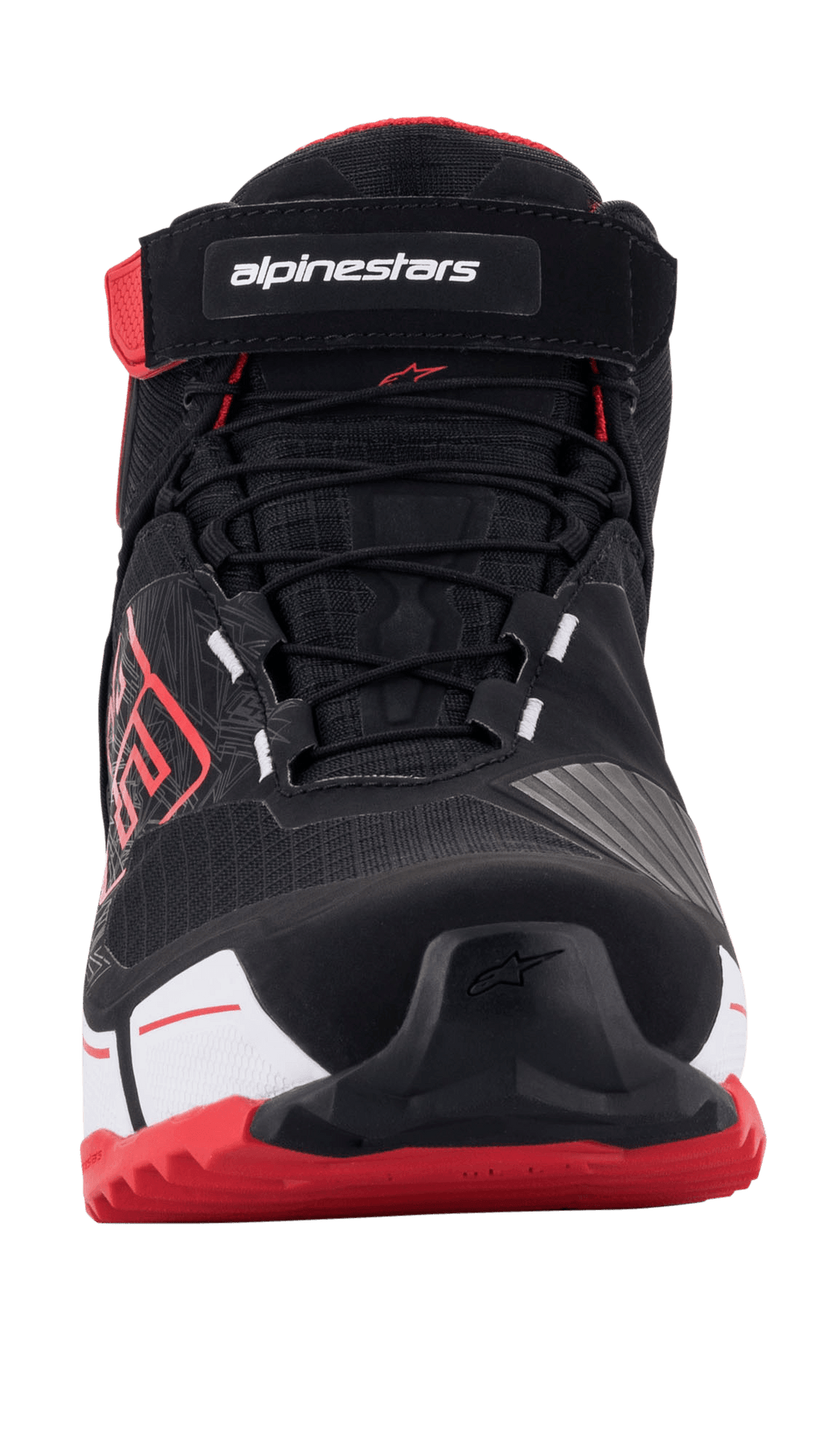 Alpinestars MM93 CR-X Drystar® motorschoenen, motorfietsschoenen, zwart, rood en wit, vooraanzicht met vetersysteem en klittenbandsluiting met merknaam, rode buitenzool en MM93-logo aan de zijkant, sportief beschermend schoeisel