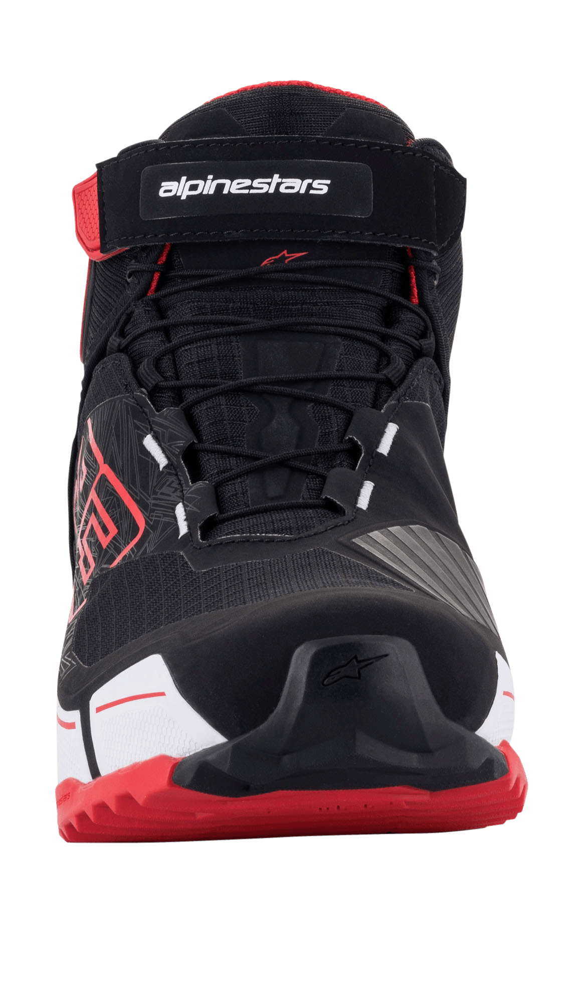 Alpinestars MM93 CR-X Drystar® motorschoenen, motorfietsschoenen, zwart, rood en wit, vooraanzicht met vetersysteem en klittenbandsluiting met merknaam, rode buitenzool en MM93-logo aan de zijkant, sportief beschermend schoeisel
