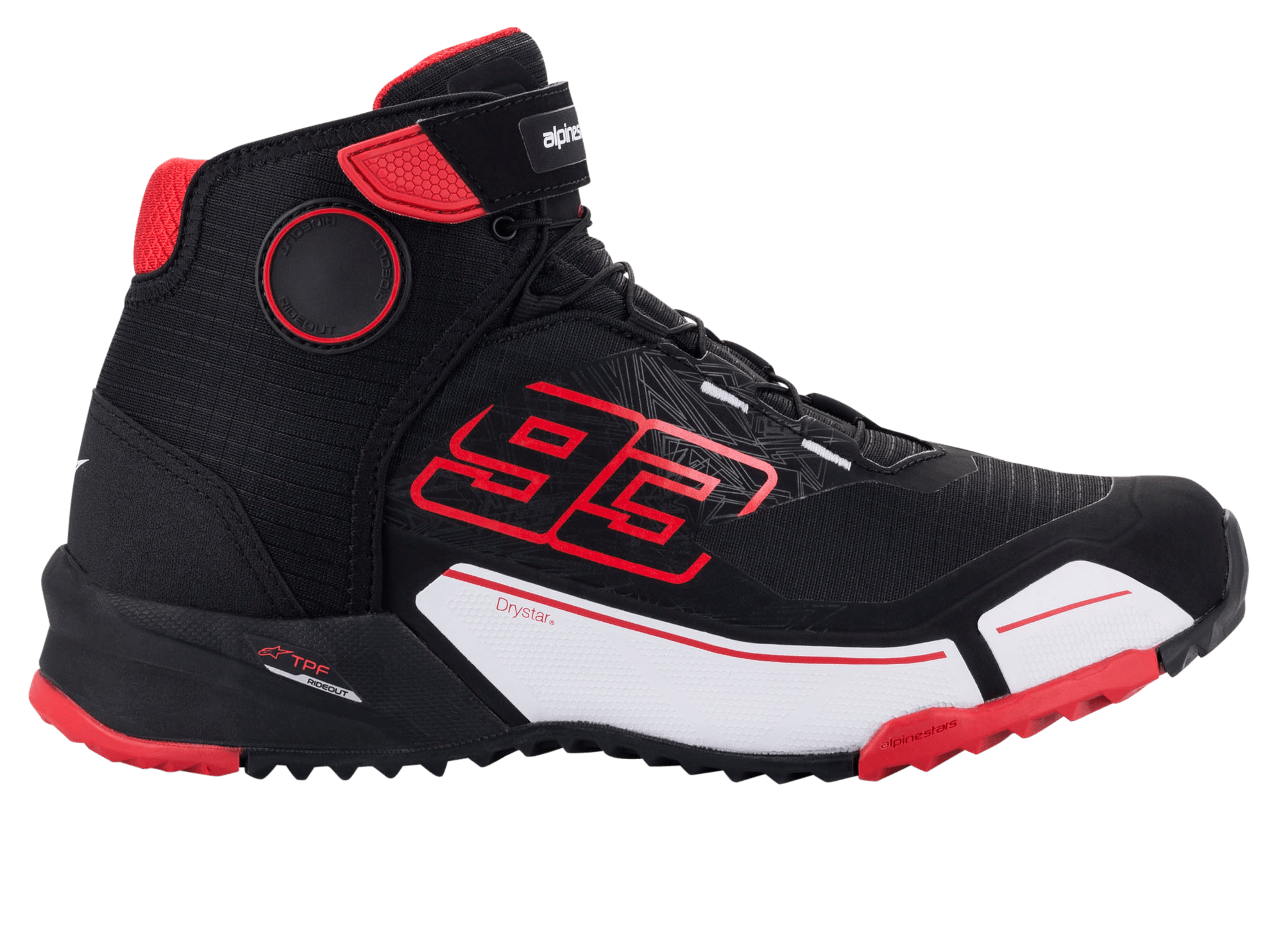 Alpinestars MM93 CR-X Drystar® motorschoen, zwart rood wit, zijaanzicht van een beschermende motorschoen, met opvallende rode Marc Marquez '93' branding, wit tussenzoolpaneel en rode accenten op de buitenzool, sportief op sneakers geïnspireerd ontwerp