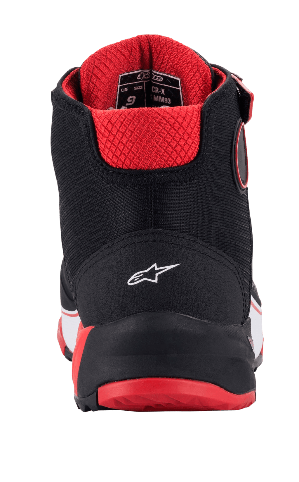 Alpinestars MM93 CR-X Drystar® motorschoenen, achteraanzicht, zwart, rood en wit, met een wit sterlogo op de hiel, rode gewatteerde binnenvoering en rode buitenzool, beschermend motorschoeisel