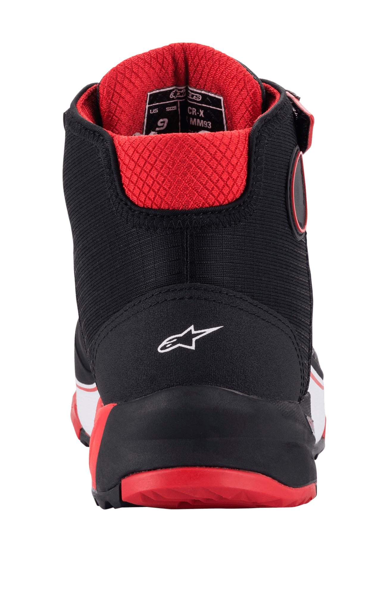 Alpinestars MM93 CR-X Drystar® motorschoenen, achteraanzicht, zwart, rood en wit, met een wit sterlogo op de hiel, rode gewatteerde binnenvoering en rode buitenzool, beschermend motorschoeisel
