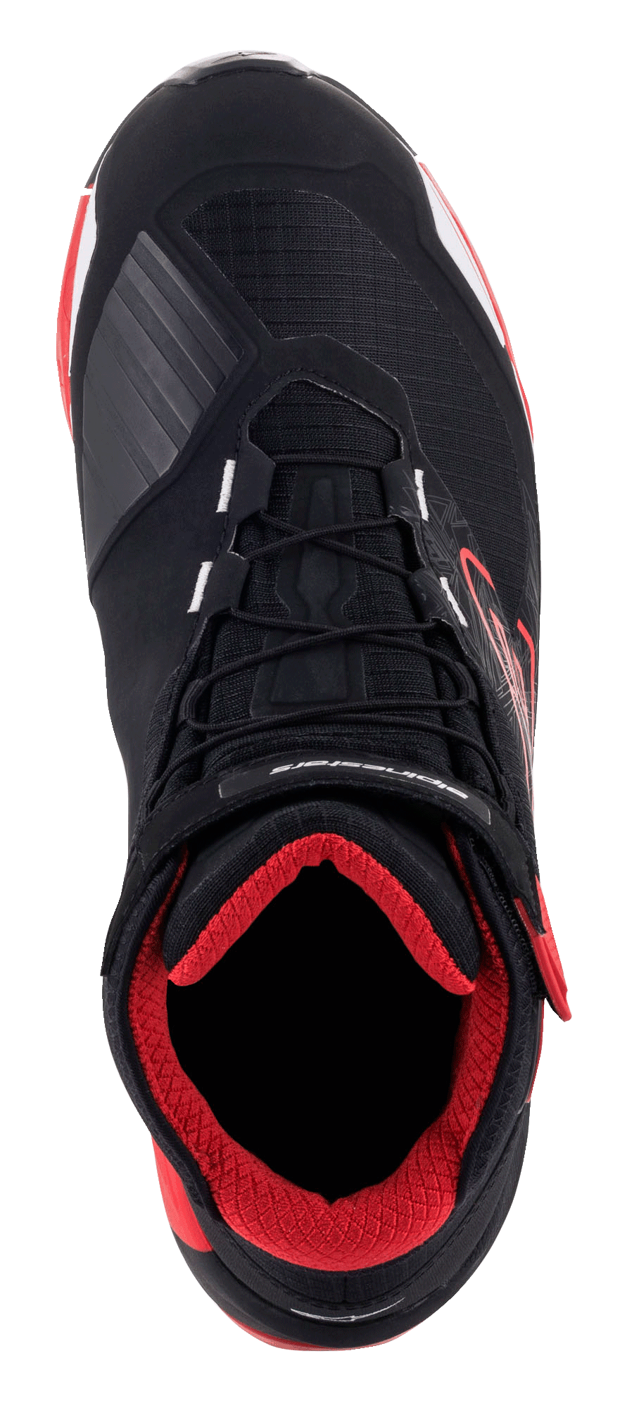 Alpinestars MM93 CR-X Drystar® motorschoenen, zwart, rood en wit, bovenaanzicht, rode gewatteerde voering, zwart bovenwerk met rode accenten, veters en klittenbandsluiting bij de enkel, waterdichte en beschermende motorschoenen
