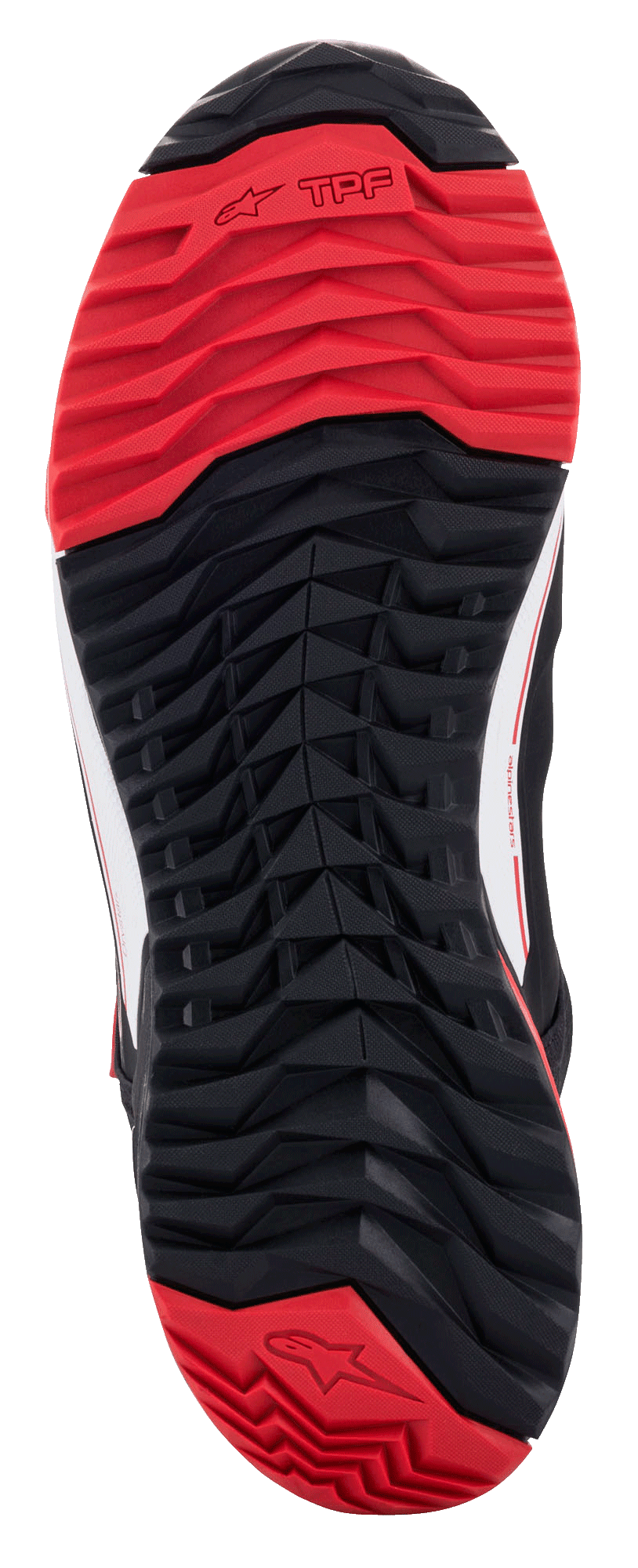 Alpinestars MM93 CR-X Drystar® motorschoenen, onderaanzicht buitenzool, zwart en rood, met een asymmetrische noppenconfiguratie voor grip, oliebestendige rubbersamenstelling en Alpinestars-logo op de hiel.