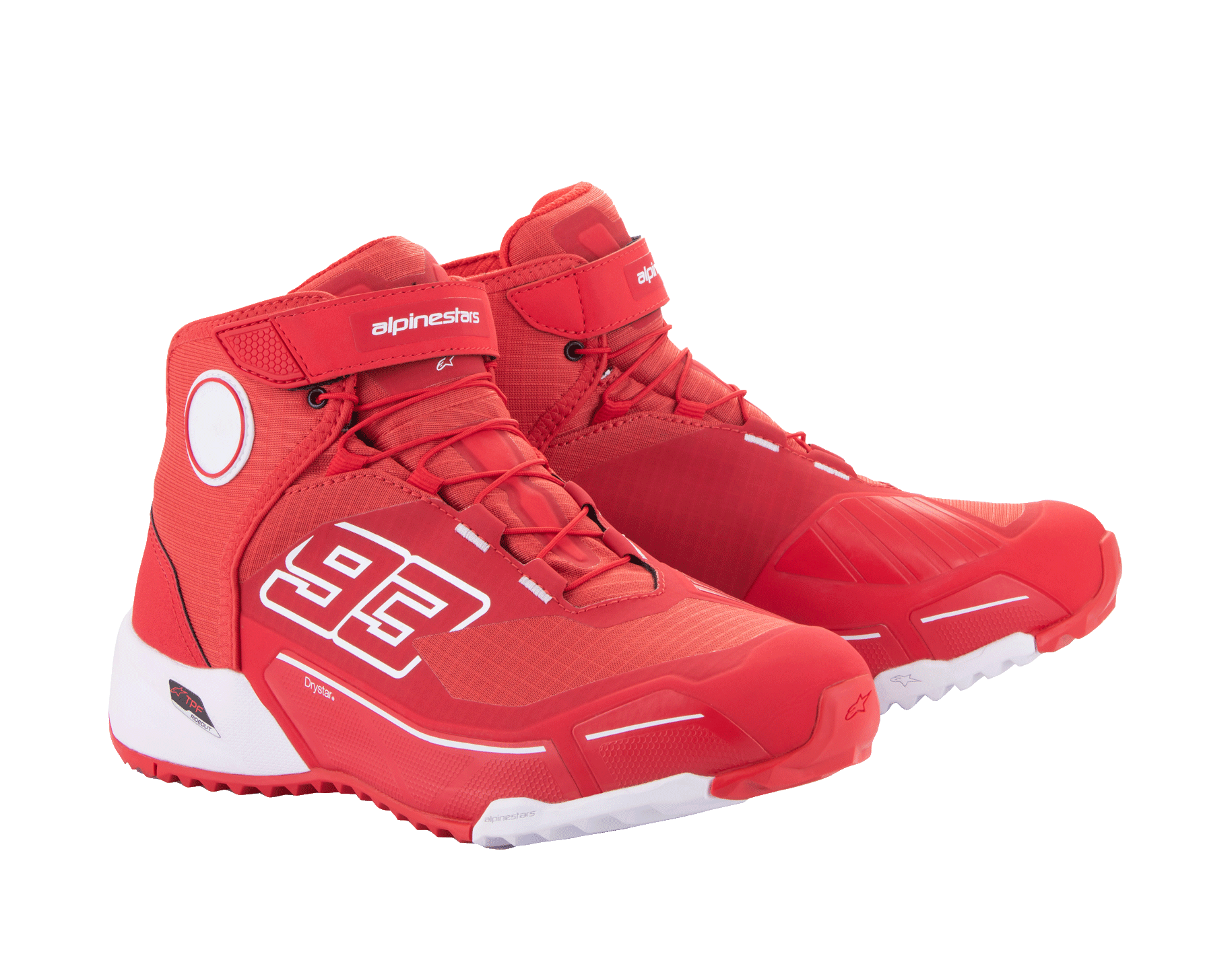 Chaussures de moto Alpinestars MM93 CR-X Drystar®, rouge vif et blanc, vue latérale, arborant le graphisme '93' sur le côté, logo Alpinestars sur la sangle, semelle technique blanche et silhouette inspirée des chaussures de course pour la moto