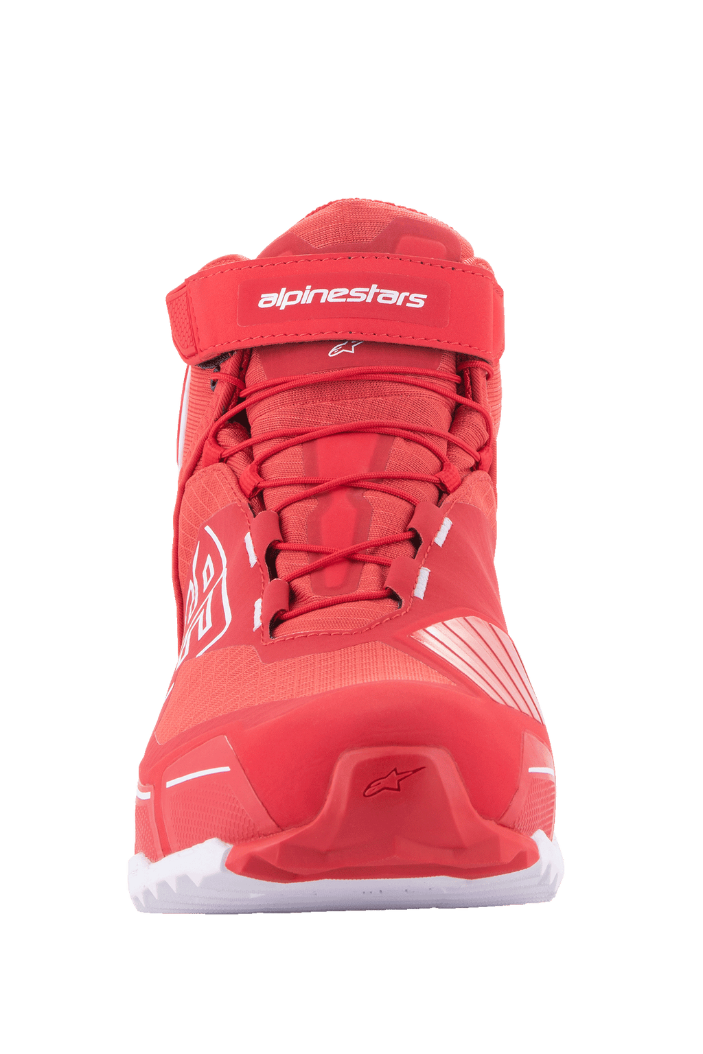 Chaussures de moto Alpinestars MM93 CR-X Drystar®, chaussures de moto, rouge vif et blanc, vue de face avec lacets rouges, sangle velcro à la cheville avec logo Alpinestars blanc, silhouette sportive inspirée des chaussures de course.