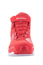 Chaussures de moto Alpinestars MM93 CR-X Drystar®, chaussures de moto, rouge vif et blanc, vue de face avec lacets rouges, sangle velcro à la cheville avec logo Alpinestars blanc, silhouette sportive inspirée des chaussures de course.
