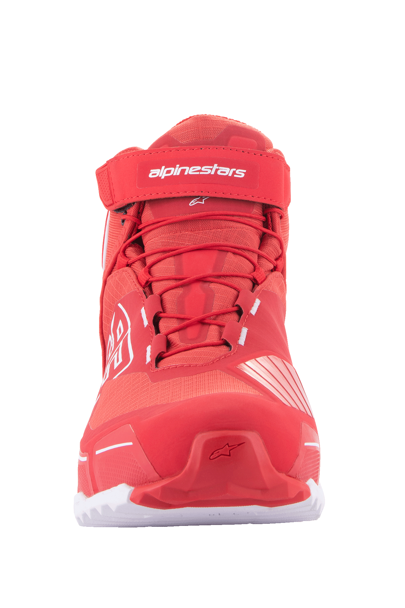 Chaussures de moto Alpinestars MM93 CR-X Drystar®, chaussures de moto, rouge vif et blanc, vue de face avec lacets rouges, sangle velcro à la cheville avec logo Alpinestars blanc, silhouette sportive inspirée des chaussures de course.