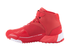 Chaussures de moto Alpinestars MM93 CR-X Drystar, rouge vif et blanc, vue de profil, design athlétique épuré avec renfort de sélecteur, accents blancs au talon et à la pointe sur une semelle rouge, chaussures de route urbaines