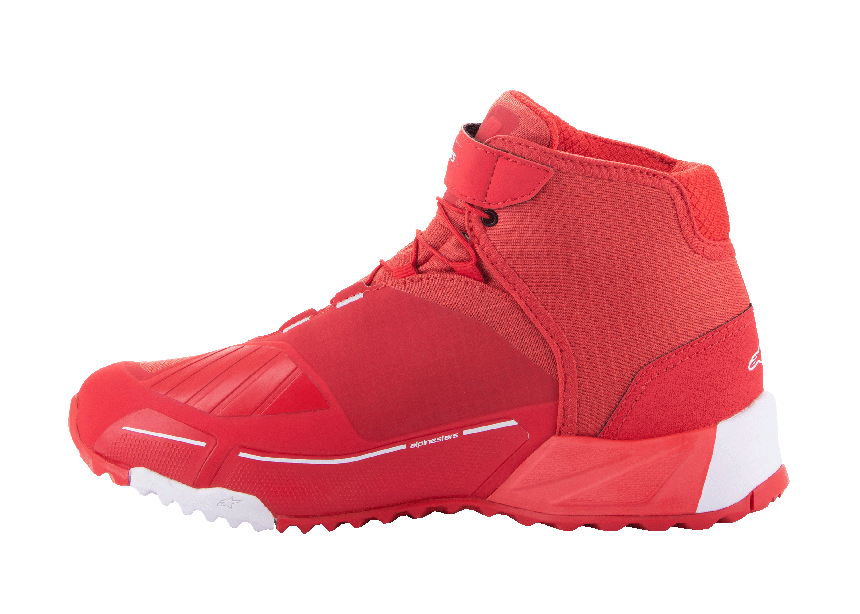 Chaussures de moto Alpinestars MM93 CR-X Drystar, rouge vif et blanc, vue de profil, design athlétique épuré avec renfort de sélecteur, accents blancs au talon et à la pointe sur une semelle rouge, chaussures de route urbaines