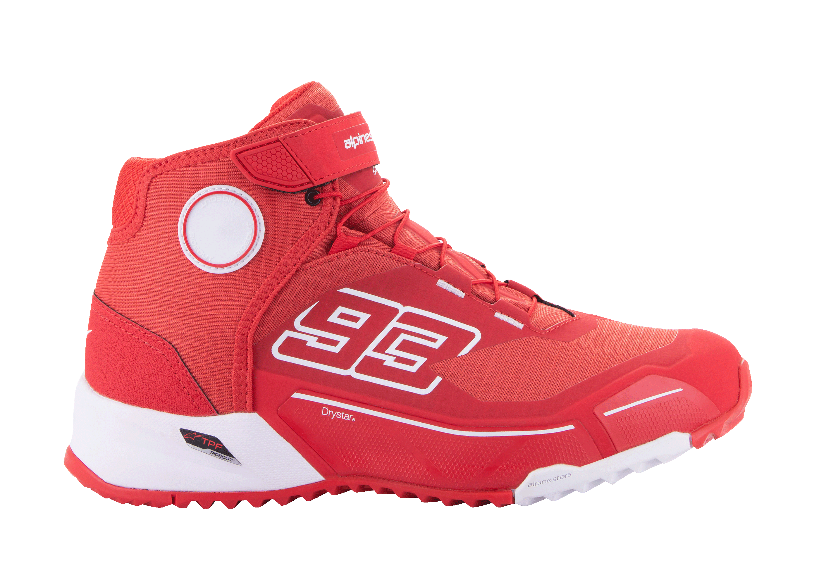 Chaussures de moto Alpinestars MM93 CR-X Drystar, chaussures urbaines, rouge vif et blanc, design montant arborant le numéro 93 de Marc Márquez, technologie imperméable Drystar, tige en tissu texturé avec semelle intermédiaire en EVA blanc et semelle en caoutchouc rouge, fermeture par lacets et sangle Velcro