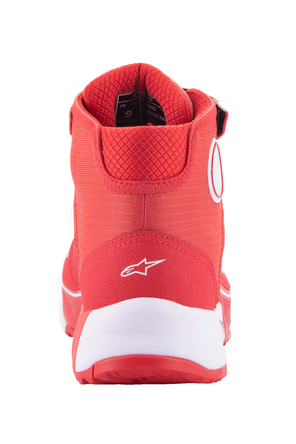 Chaussures de moto Alpinestars MM93 CR-X Drystar®, rouge vif et blanc, vue arrière du talon présentant un logo Alpinestars blanc, semelle intermédiaire blanche épaisse et col en mesh rouge rembourré