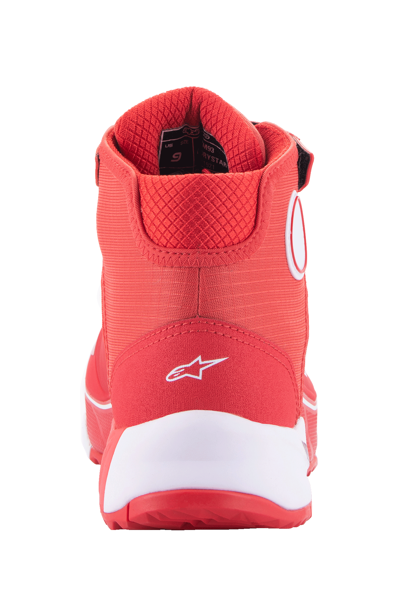 Chaussures de moto Alpinestars MM93 CR-X Drystar®, rouge vif et blanc, vue arrière du talon présentant un logo Alpinestars blanc, semelle intermédiaire blanche épaisse et col en mesh rouge rembourré