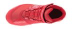 Chaussure de moto Alpinestars MM93 CR-X Drystar, rouge vif et blanc, vue de dessus montrant le système de laçage et la sangle de cheville réglable, avec un grand graphique 93 et le marquage Alpinestars, chaussure de moto imperméable au design inspiré des chaussures de course